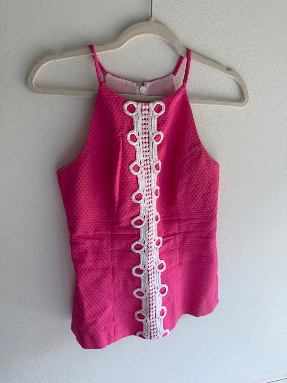 Lilly Pulitzer Hot Pink Halter Tank with White Crochet Trim